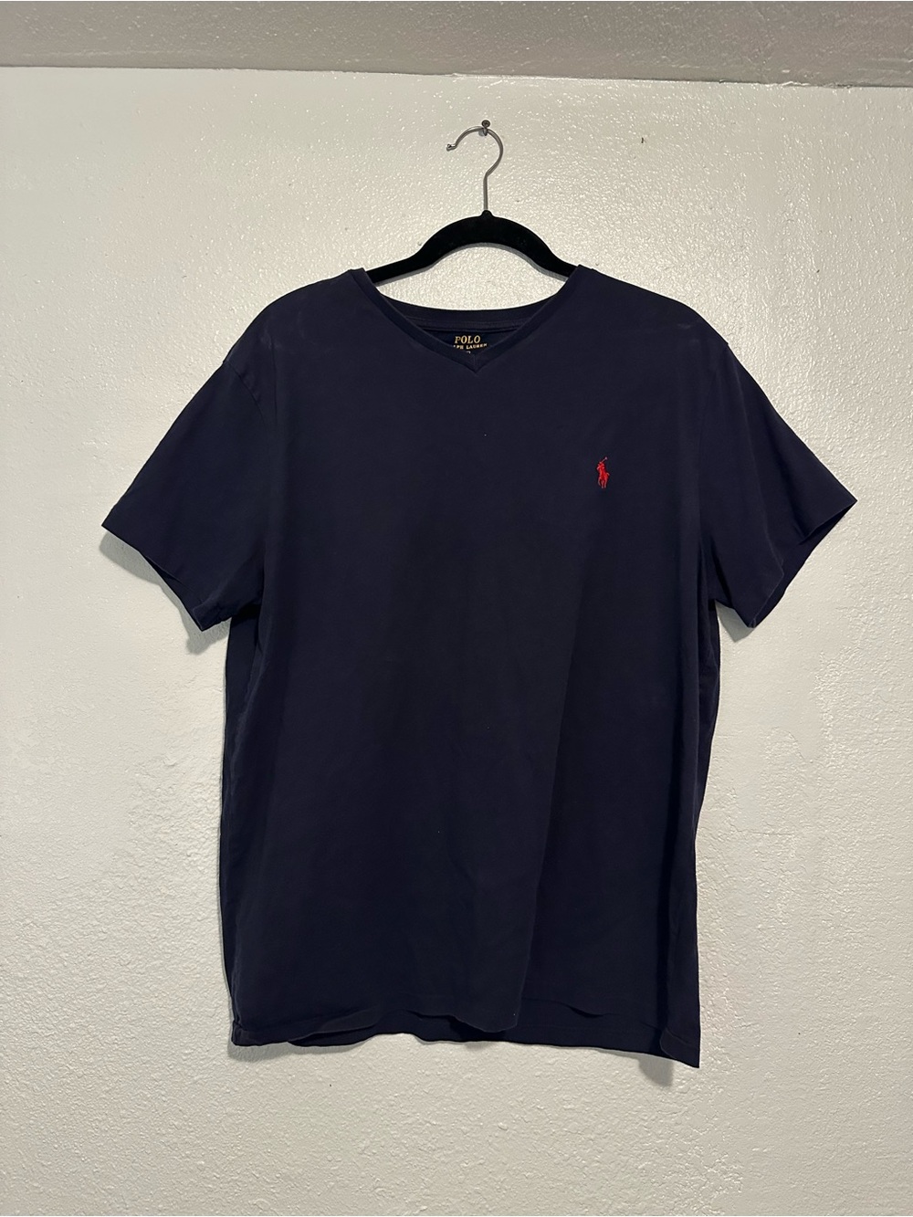 Ralph Lauren Navy V-Neck Tee with Red Pony Logo Size L